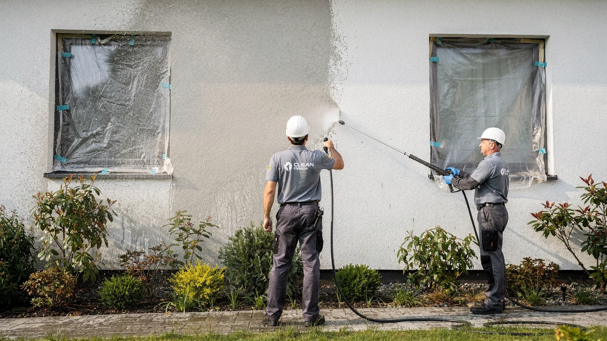 Ekipa wykonuje mycie elewacji domu jednorodzinnego metodą ciśnieniową, widać zabezpieczone okna i rośliny przy ścianie oraz równomierne prowadzenie lancy wzdłuż tynku.