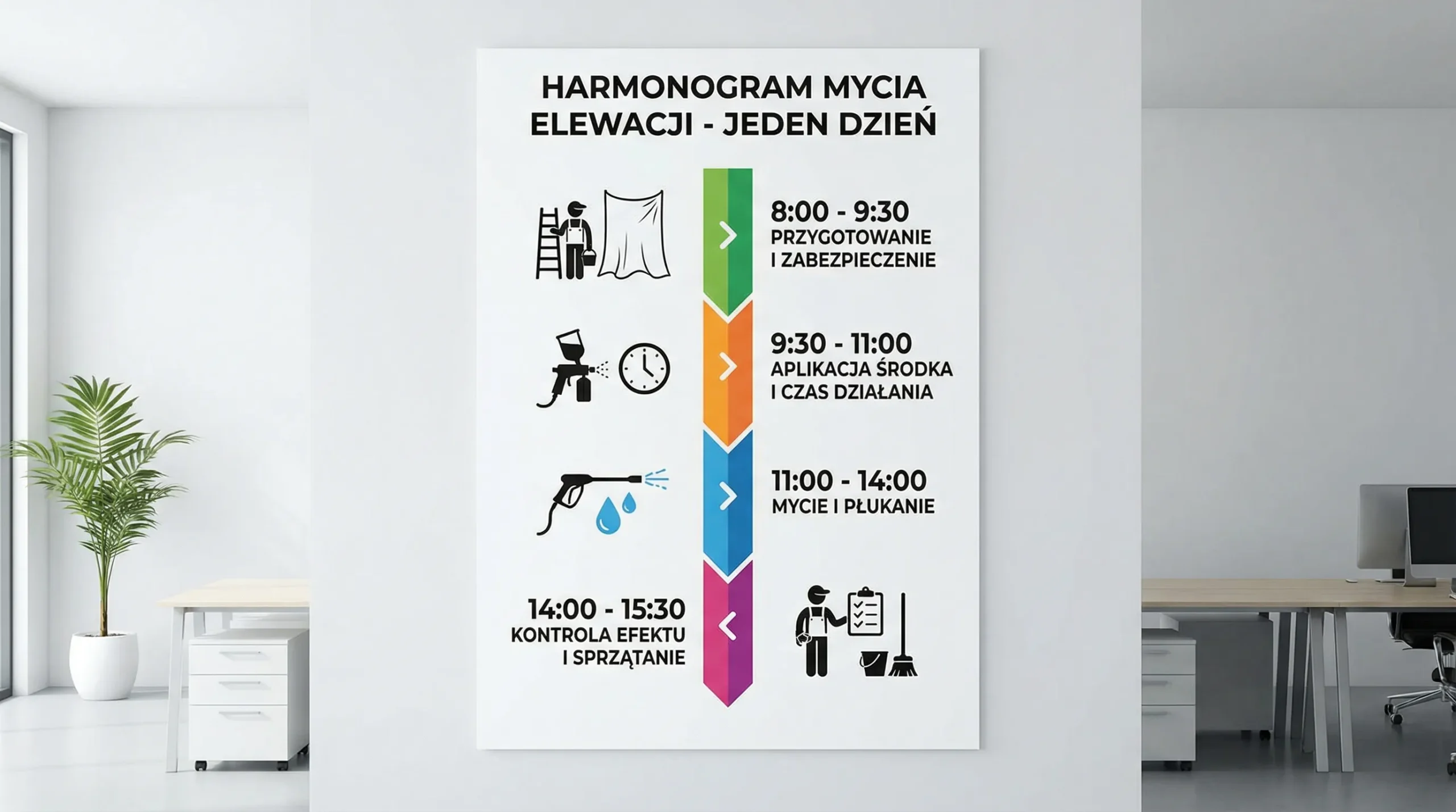 Prosty schemat osi czasu mycia elewacji w ciągu jednego dnia: przygotowanie i zabezpieczenie, aplikacja środka i czas działania, mycie i płukanie, kontrola efektu i sprzątanie.